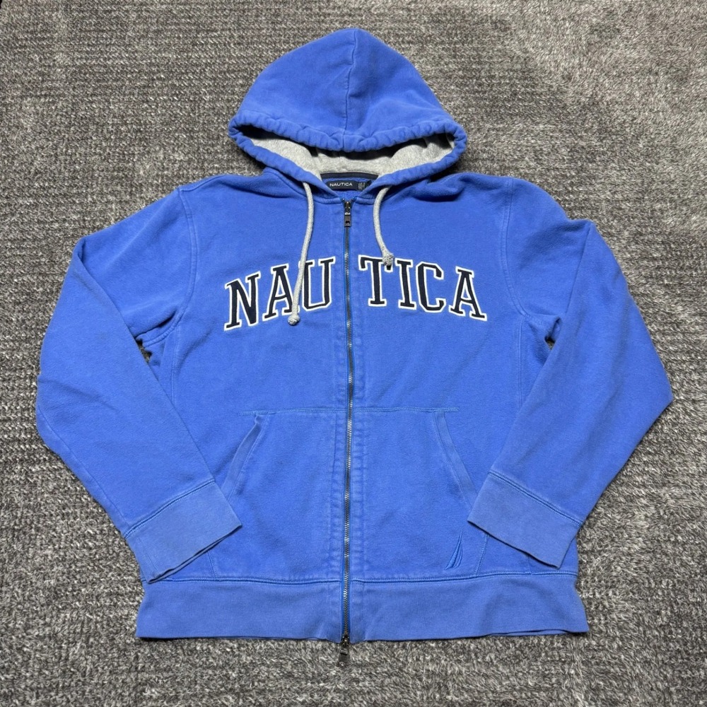 Nautica Mens Full Zip Hoodie Sweatshirt L Blue Spell Out Logo Fleece